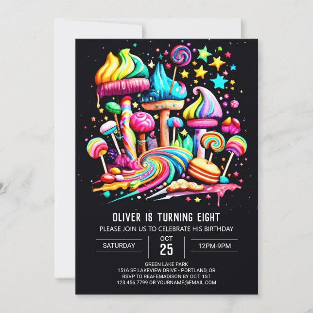 Invitación Wonderland Candy Birthday (Anverso)