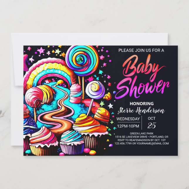 Invitación Wonderland Candyland Personalizado Baby Shower (Anverso)