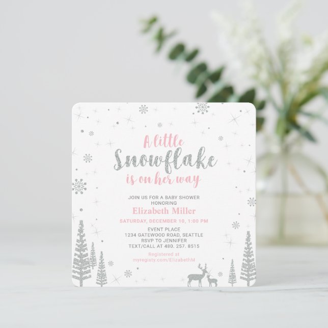 Invitación Wonderland de invierno rosa, Baby Shower Chica (Anverso de pie)