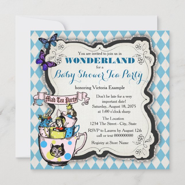 Invitación Wonderland Mad Hatter Tea Fiesta Baby Shower (Anverso)