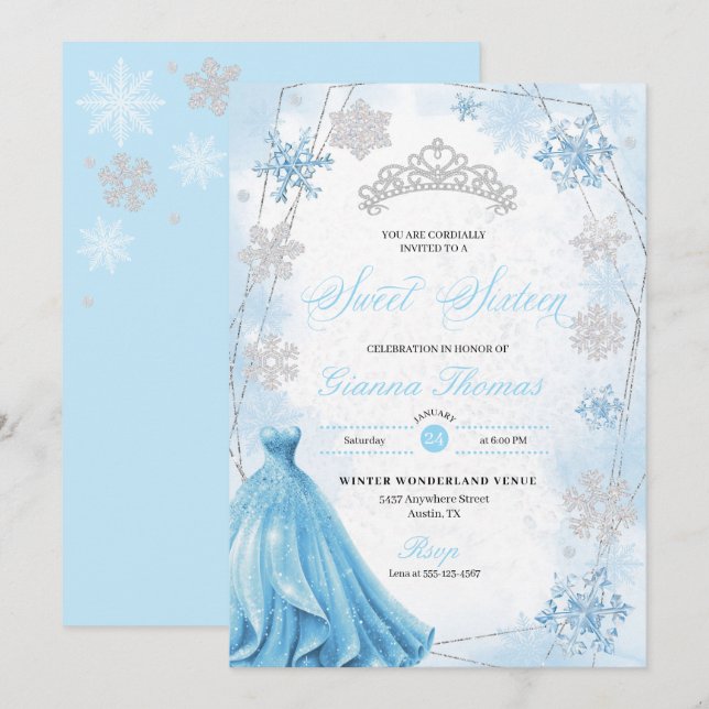 Invitación Wonderland Snowflake Sweet 16 (Anverso / Reverso)