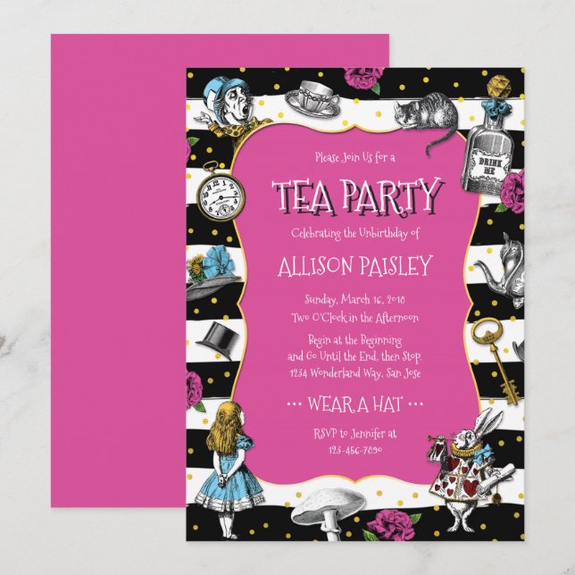 Invitación Wonderland Tea Fiesta Hot Pink (Anverso / Reverso)