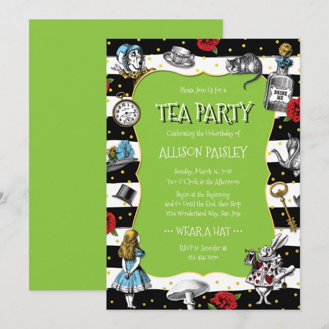 Invitación Wonderland Tea Fiesta Lime Green (Anverso / Reverso)