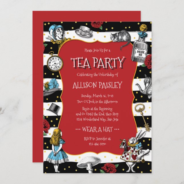 Invitación Wonderland Tea Fiesta Whimsical Red (Anverso / Reverso)
