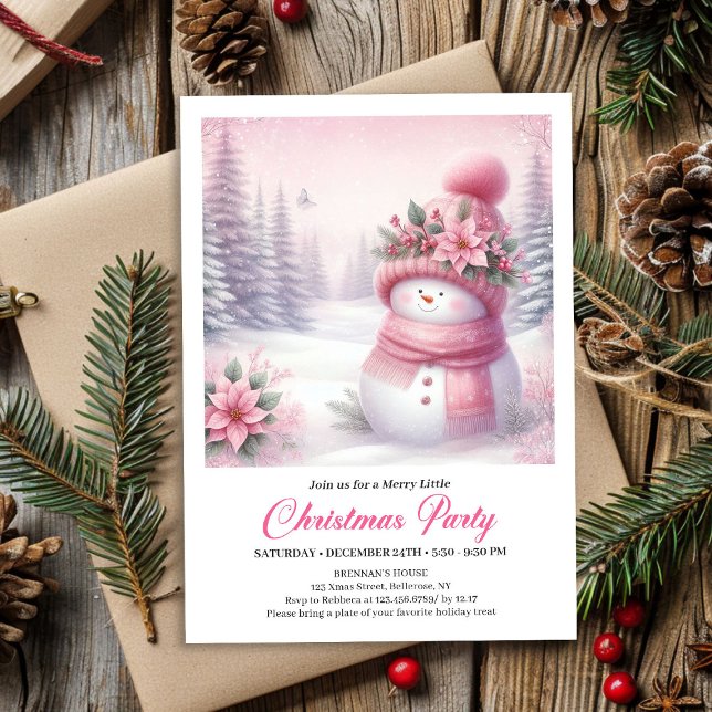 Invitación Wonderous Pink Snowman Editable Christmas Invite  (Wonderous Pink Snowman Editable Christmas Invite Download)