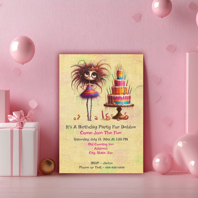 Invitación Wonky Cake, Chica de cumpleaños caprichoso (Subido por el creador)