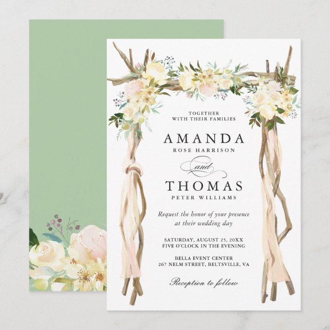 Invitación Wood Arbor Arch Boda floral de marfil blanco ruso (Anverso / Reverso)
