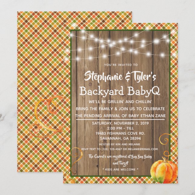 Invitación Wood BabyQ Backyard BBBBBQ Caída Rusa Baby Shower (Anverso / Reverso)