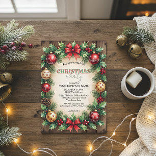 Invitación Wood Baubles Red Bow Corporate Navidades Fiesta