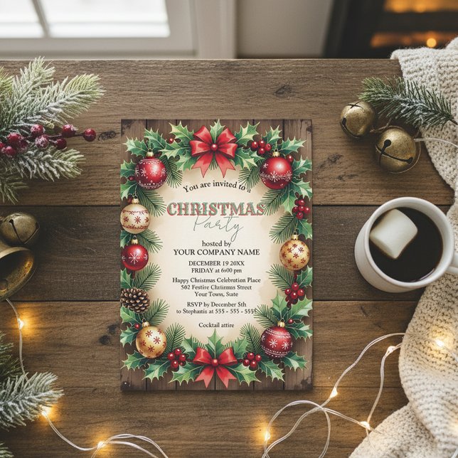Invitación Wood Baubles Red Bow Corporate Navidades Fiesta (Subido por el creador)