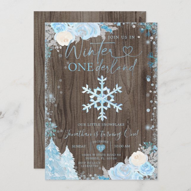 Invitación Wood Blue Winter Onederland Snowflake Cumpleaños (Anverso / Reverso)