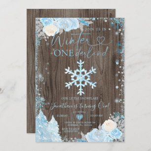 Invitación Wood Blue Winter Onederland Snowflake Cumpleaños