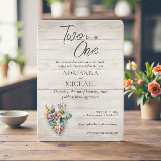 Invitación Wood Cross Floral Christian Two Become One