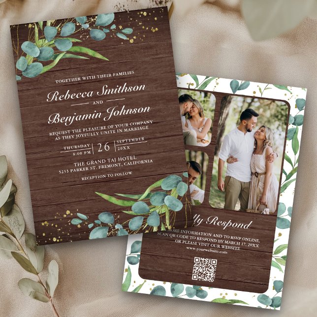 Invitación Wood Eucalyptus Photo Collage QR Code Wedding (Subido por el creador)
