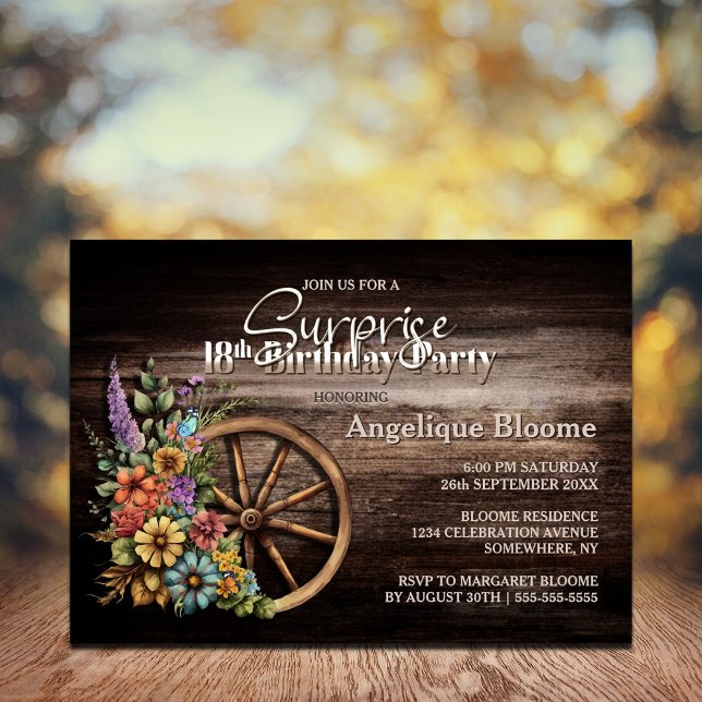 Invitación Wood Floral Wagon Wheel Surprise 18th Birthday (Subido por el creador)