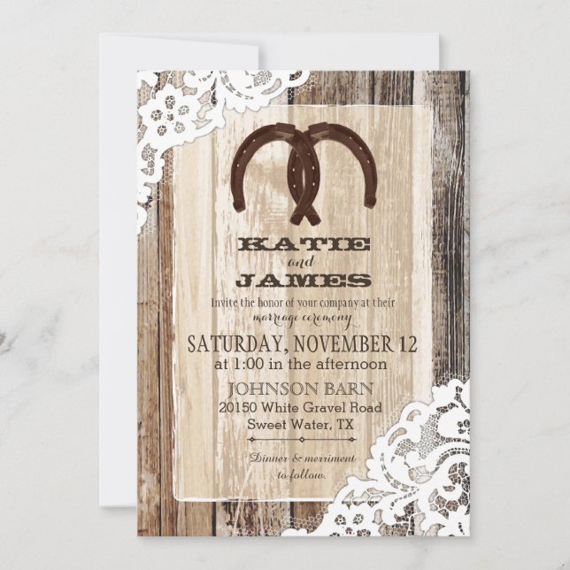 Invitación Wood Horseshoe Lace Rustic Boda (Anverso)