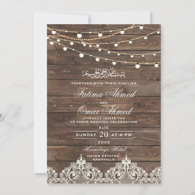 Invitación Wood Lace String ilumina a la Boda musulmana islám (Anverso)