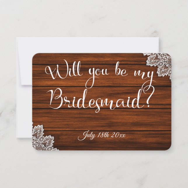 Invitación Wood & Lace Will you be my Bridesmaid Card (Anverso)