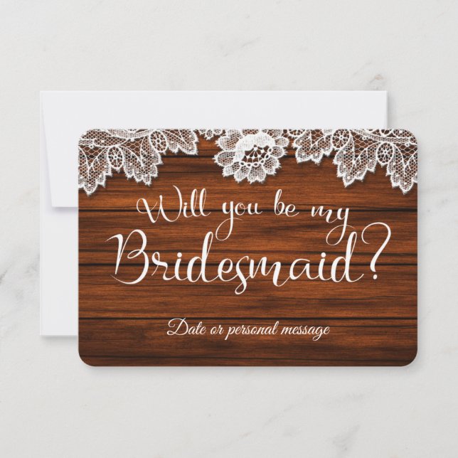 Invitación Wood & Lace Will you be my Bridesmaid Card (Anverso)