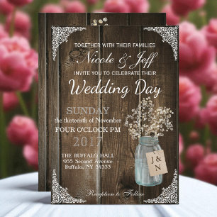 Invitación Wood Mason Jar Babys Breath, un Boda rústico de gr