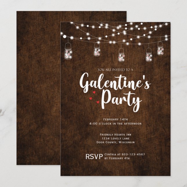 Invitación Wood Mason Jar Galentines Day Fiesta Valentine (Anverso / Reverso)