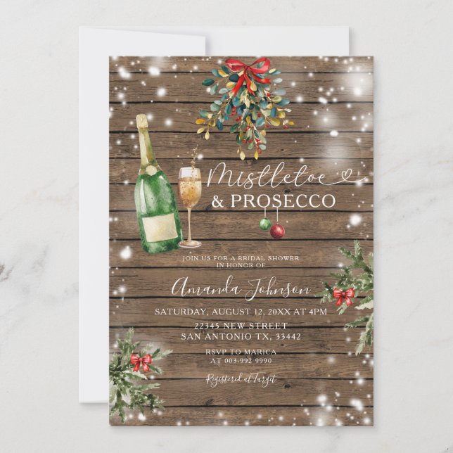 Invitación Wood Mistletoe Navidades Prosecco Ducha de Novias (Anverso)