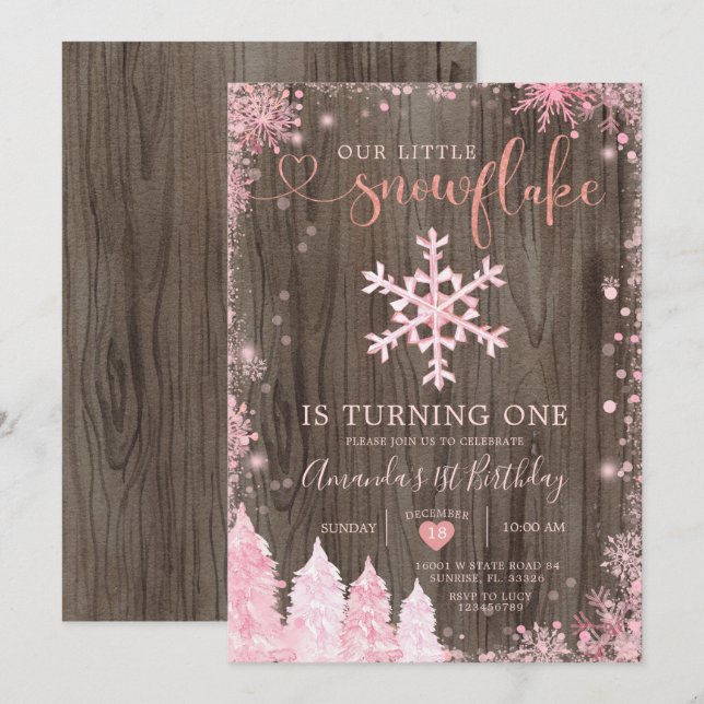 Invitación Wood Onederland Pink Snowflake Primer cumpleaños (Anverso / Reverso)