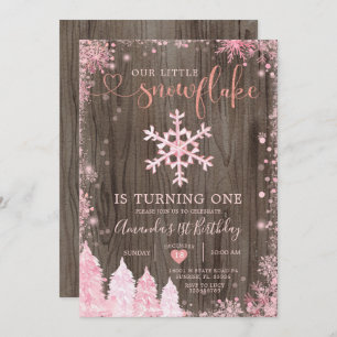 Invitación Wood Onederland Pink Snowflake Primer cumpleaños