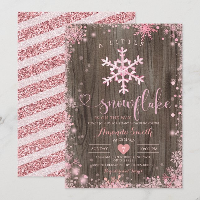 Invitación Wood Pink Un Pequeño Snowflake Winter Baby Shower (Anverso / Reverso)