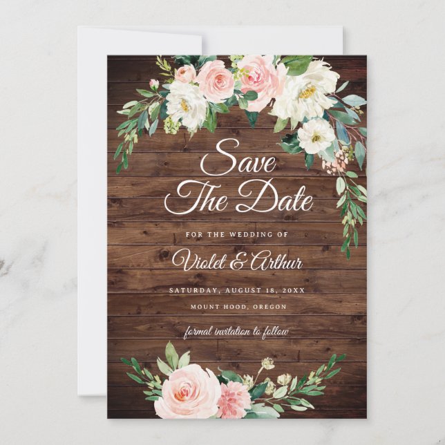 Invitación Wood Rubor Floral Wreath Wedding Save The Date (Anverso)
