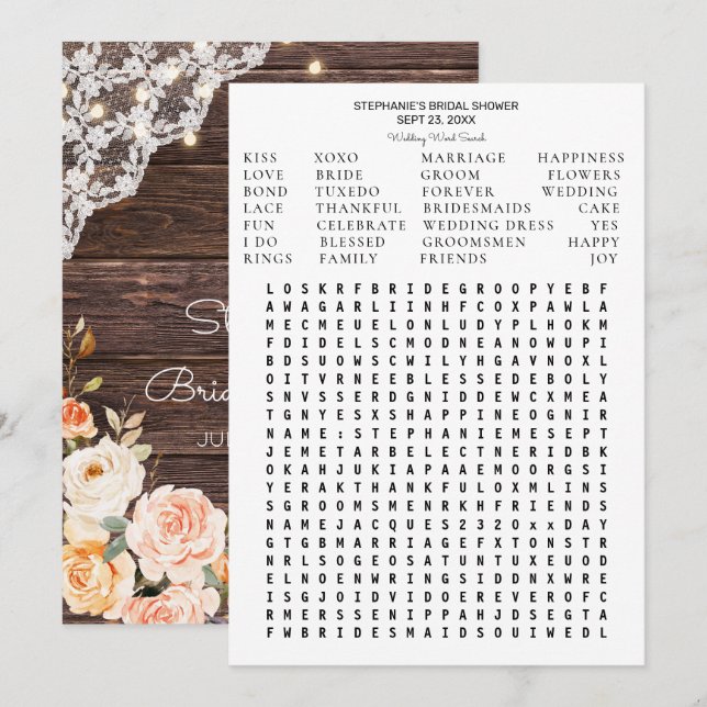 Invitación Wood Rubor Peach Floral Bridal Shower Word Search (Anverso / Reverso)