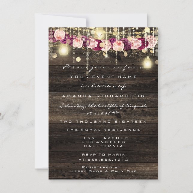 Invitación Wood Rustic Gold Lights Jar Bridal Boda (Anverso)