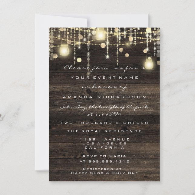 Invitación Wood Rustic Gold Luces Birday Bridal Shower (Anverso)