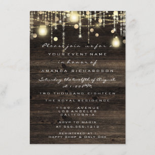 Invitación Wood Rustic Gold Luces Birday Bridal Shower
