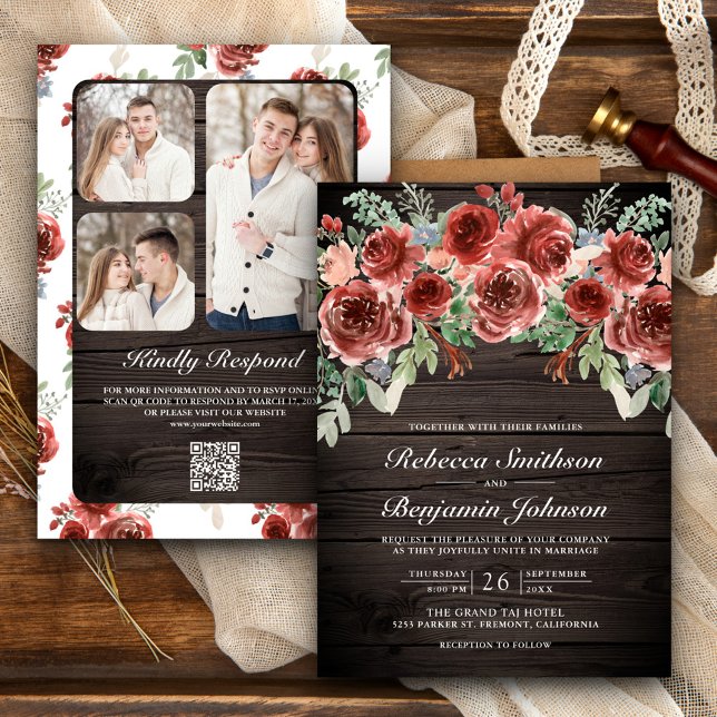 Invitación Wood Rustic Marsala Floral Photo QR Code Boda (Subido por el creador)