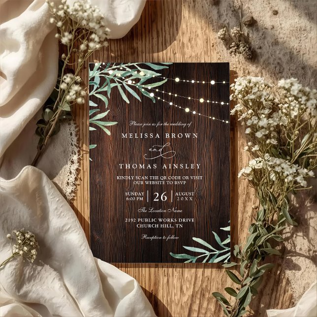 Invitación Wood Rustic String Light Country QR Code Wedding (Subido por el creador)