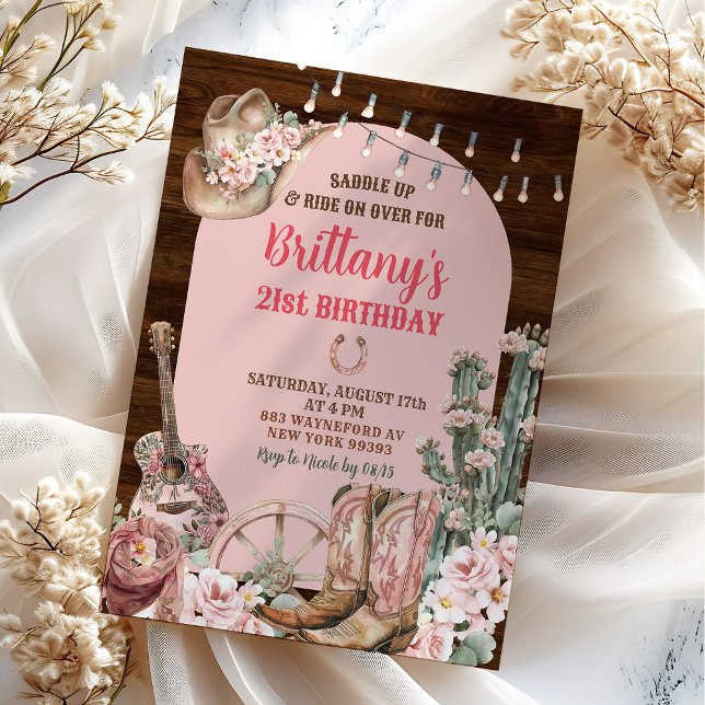 Invitación Wood Rustic Western Pink Boots Cowgirl Cumpleaños (Subido por el creador)