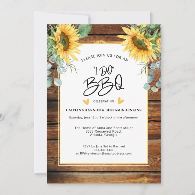 Invitación Wood Rústica I Do BBQ Sunflower Bridal Shower (Anverso)