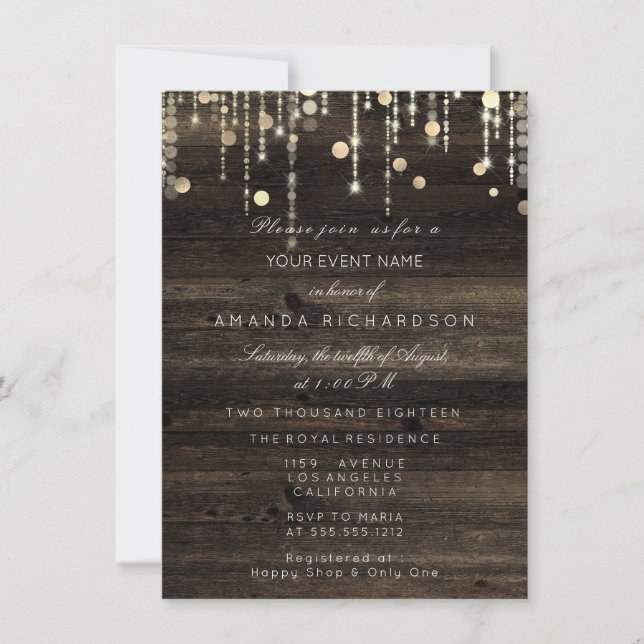 Invitación Wood Rústica Oro Dris Cumpleaños Bridal Shower (Anverso)