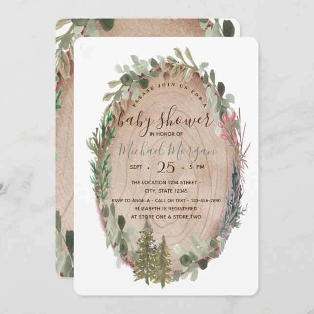 Invitación Wood Textura Pine Tree Woodland Baby Shower (Anverso / Reverso)