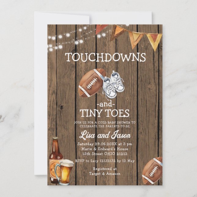 Invitación Wood Touchdown Tiny Tods Football Baby Shower (Anverso)