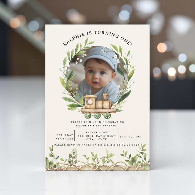 Invitación Wood Train Greenery Photo First Birthday (Subido por el creador)