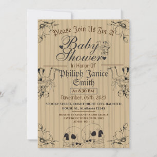 Invitación Wood Vintage Elegante Gótico, Halloween Baby Showe