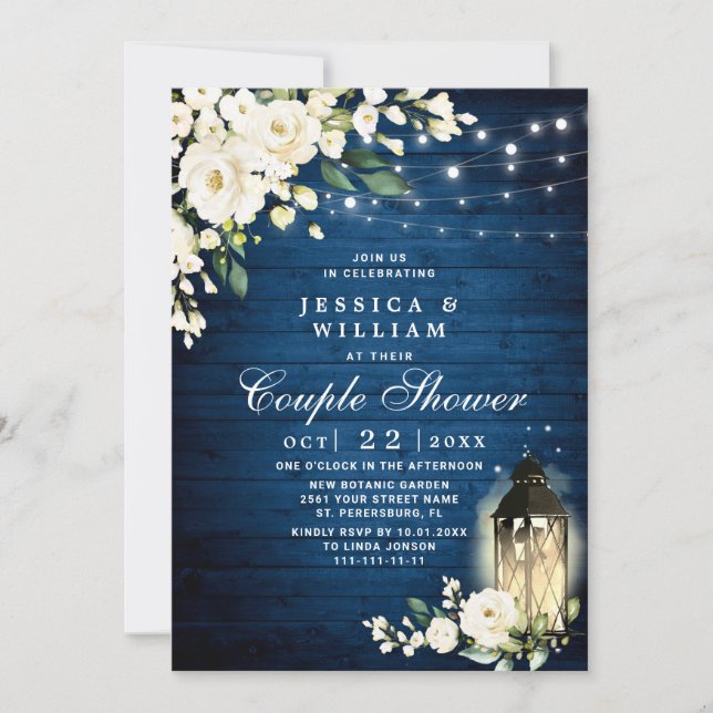 Invitación Wood White Rose Lantern Watercolor Couple Shower (Anverso)