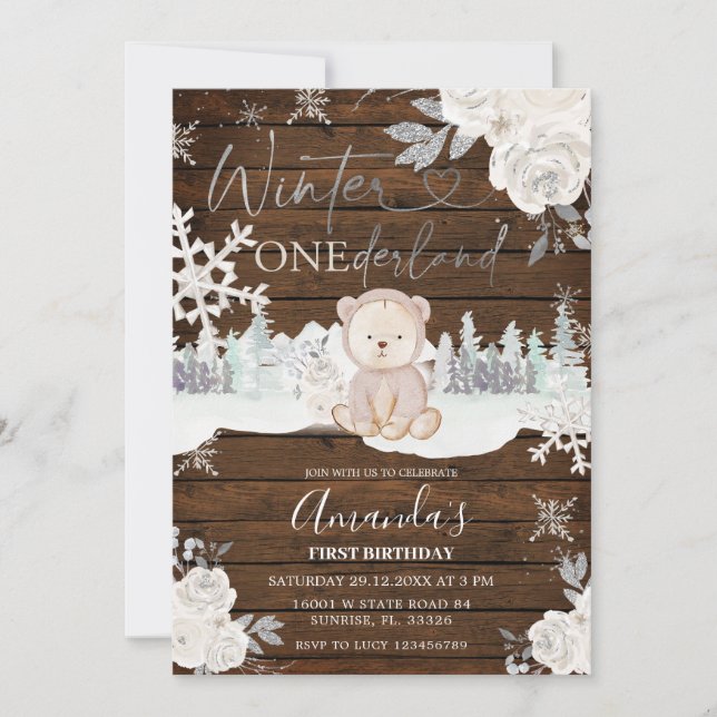 Invitación Wood Winter Bear Onederland Snowflake Cumpleaños (Anverso)