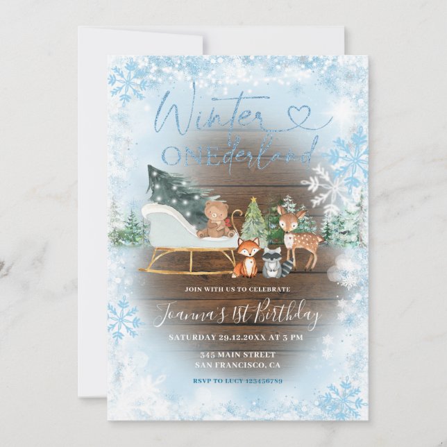 Invitación Wood Winter Onederland Blue Animal Birday (Anverso)