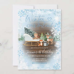 Invitación Wood Winter Onederland Blue Animal Birday