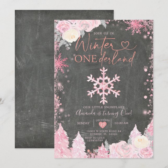 Invitación Wood Winter Onederland Pink Snowflake Cumpleaños (Anverso / Reverso)