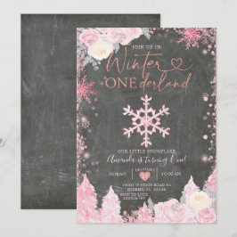 Invitación Wood Winter Onederland Pink Snowflake Cumpleaños