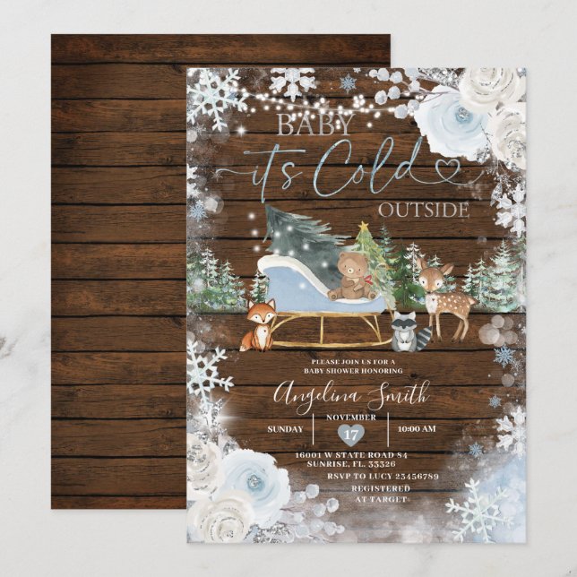 Invitación Wood Winter Pastel Blue Snowflake Baby Shower (Anverso / Reverso)